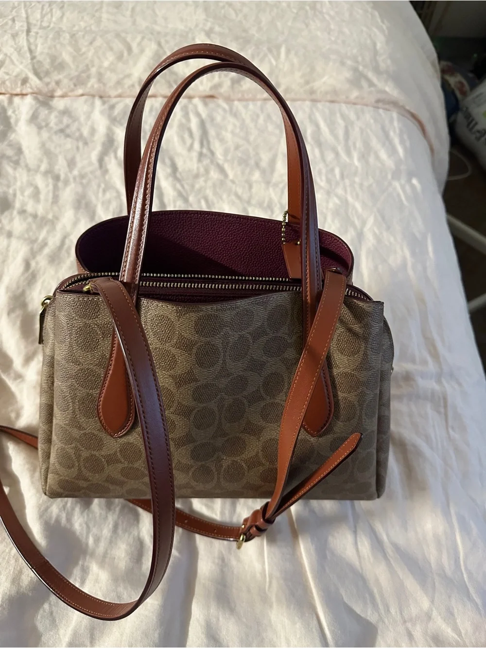 Coach Brown Signature Canvas Satchel with Chestnut Trim and Burgundy Interior